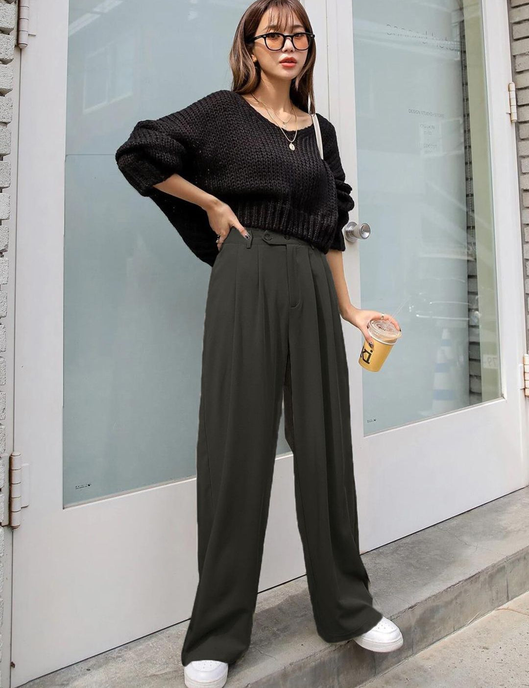 KOTTY BIZwear Women Grey High-Rise Easy Wash Pleated Parallel Trousers