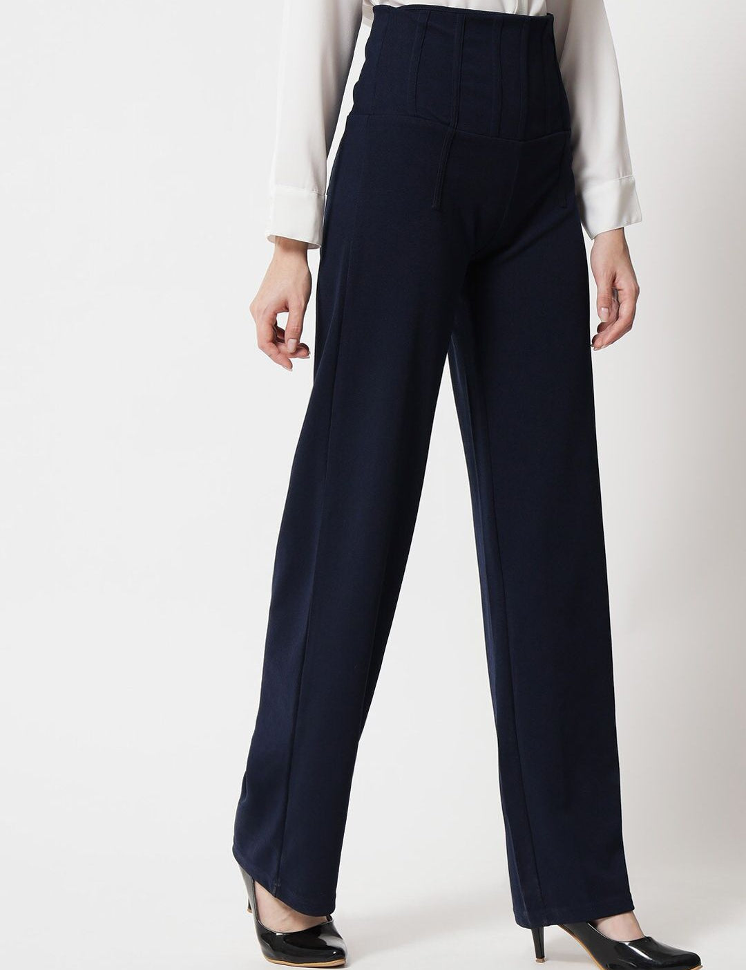 Kotty Women Navy Blue Relaxed Straight Fit High-Rise Easy Wash Trousers