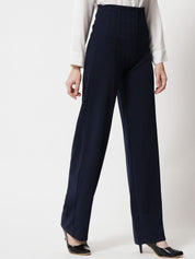 Kotty Women Navy Blue Relaxed Straight Fit High-Rise Easy Wash Trousers