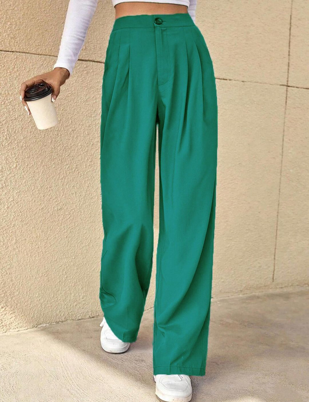 KOTTY BIZwear Green Women Relaxed Straight Leg High-Rise Easy Wash Pleated Parallel Trousers