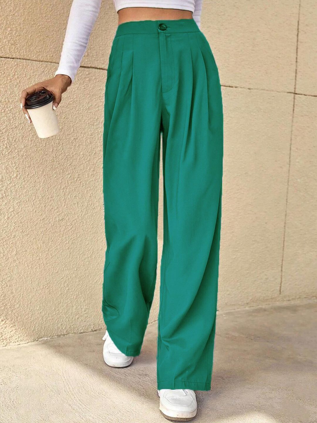 KOTTY BIZwear Green Women Relaxed Straight Leg High-Rise Easy Wash Pleated Parallel Trousers
