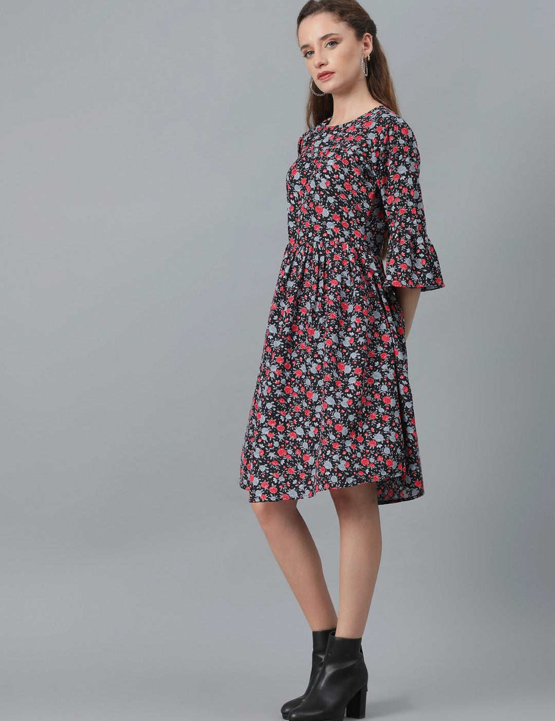 Kotty Floral Printed Bell Sleeve Gathered or Pleated Crepe A-Line Dress