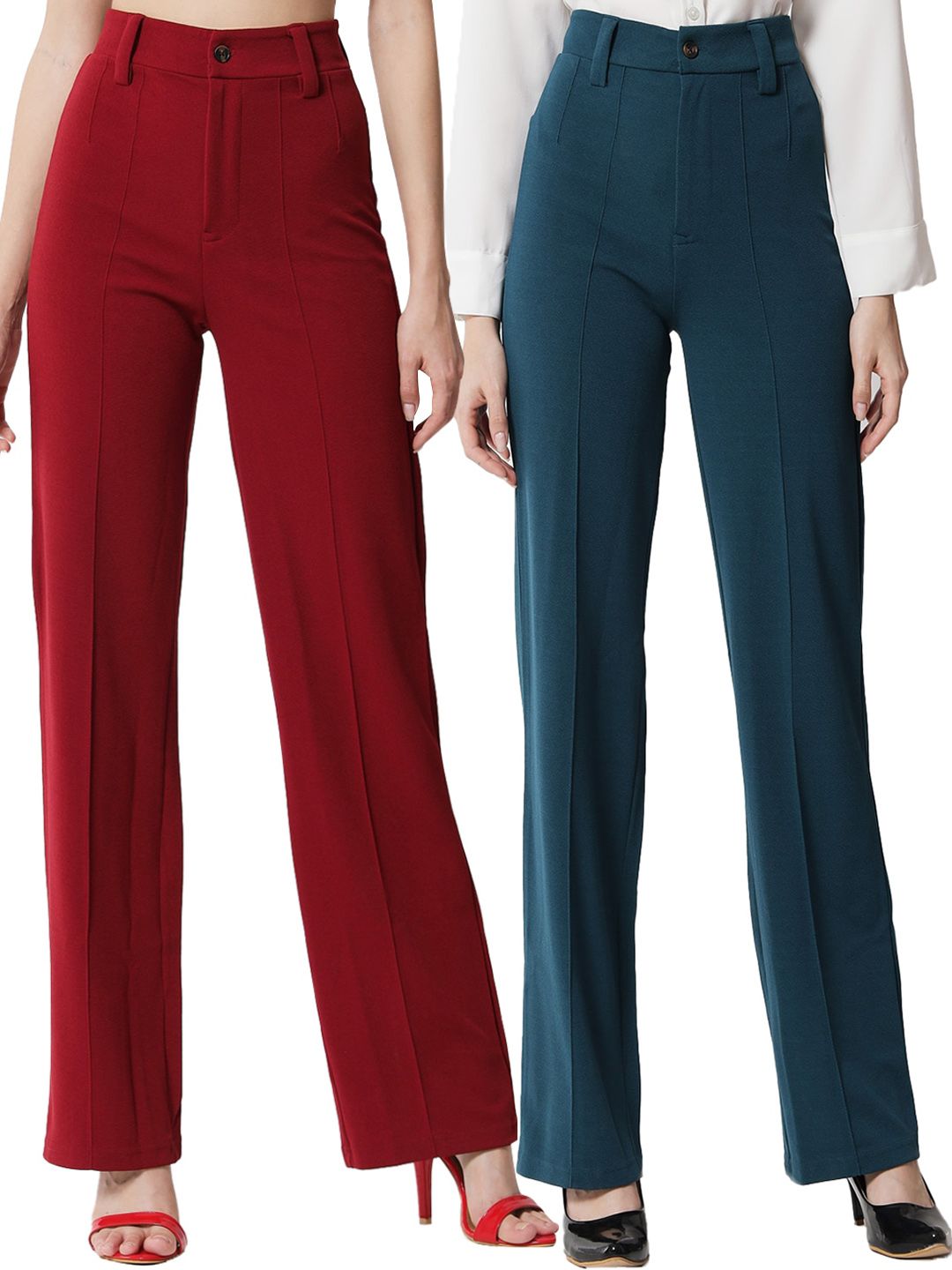 KOTTY BIZwear Women Pack Of 2 Relaxed Straight Leg High-Rise Easy Wash Parallel Trousers