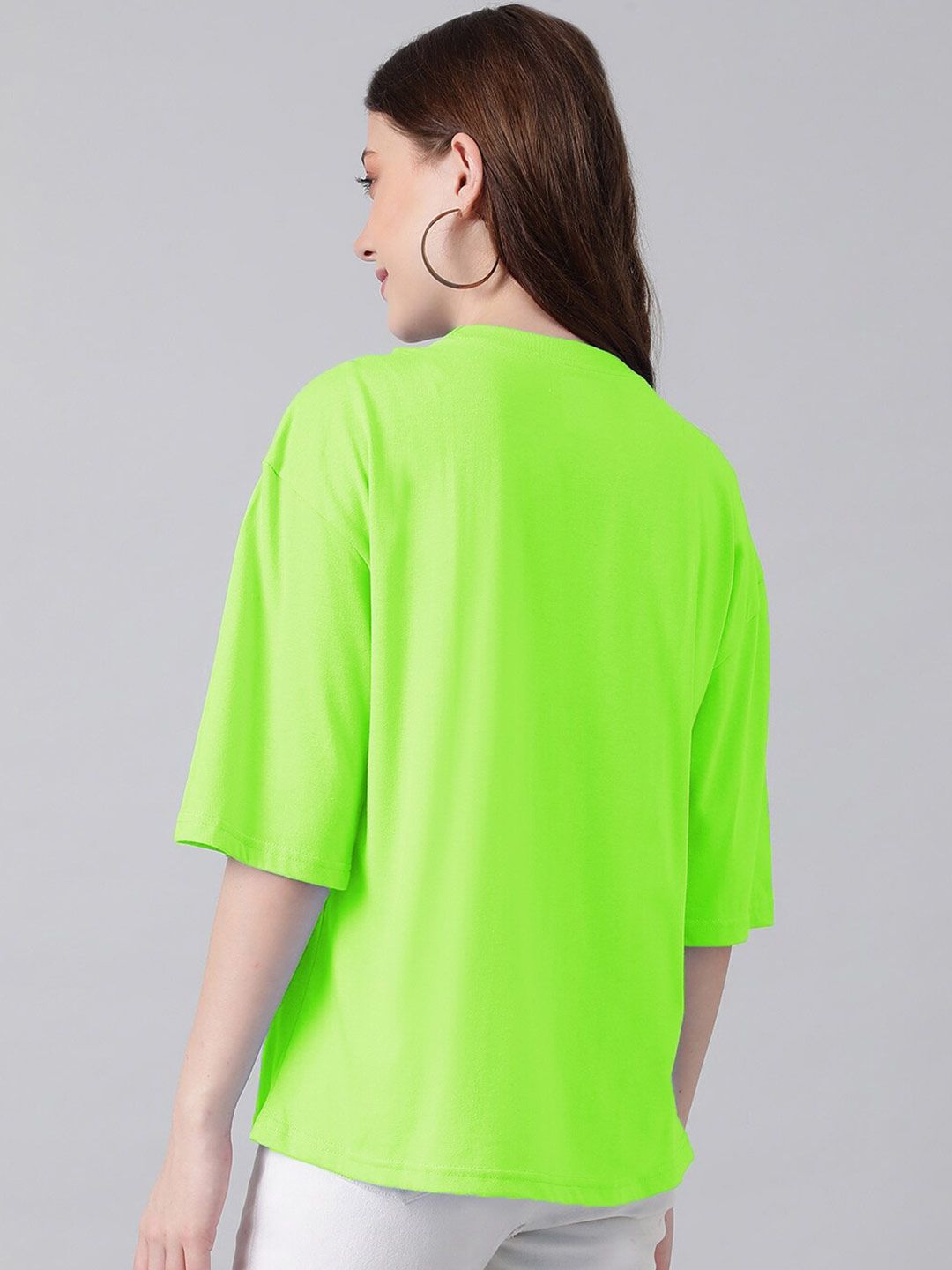 Kotty Lime Green & Blue Typography Printed Drop Shoulder Sleeves Oversized Casual T-Shirt