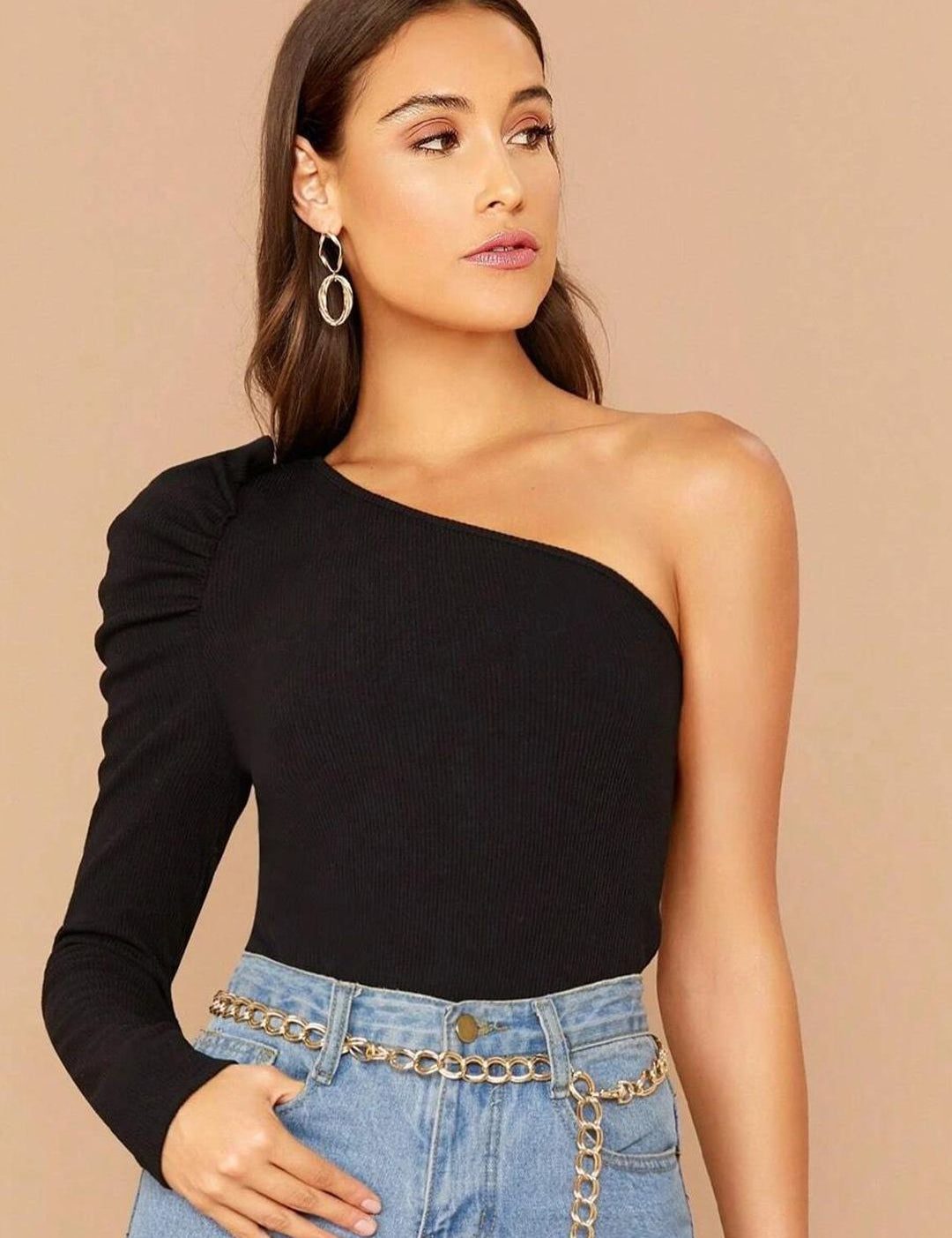 Kotty Black One Shoulder Puff Sleeve Top