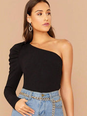 Kotty Black One Shoulder Puff Sleeve Top