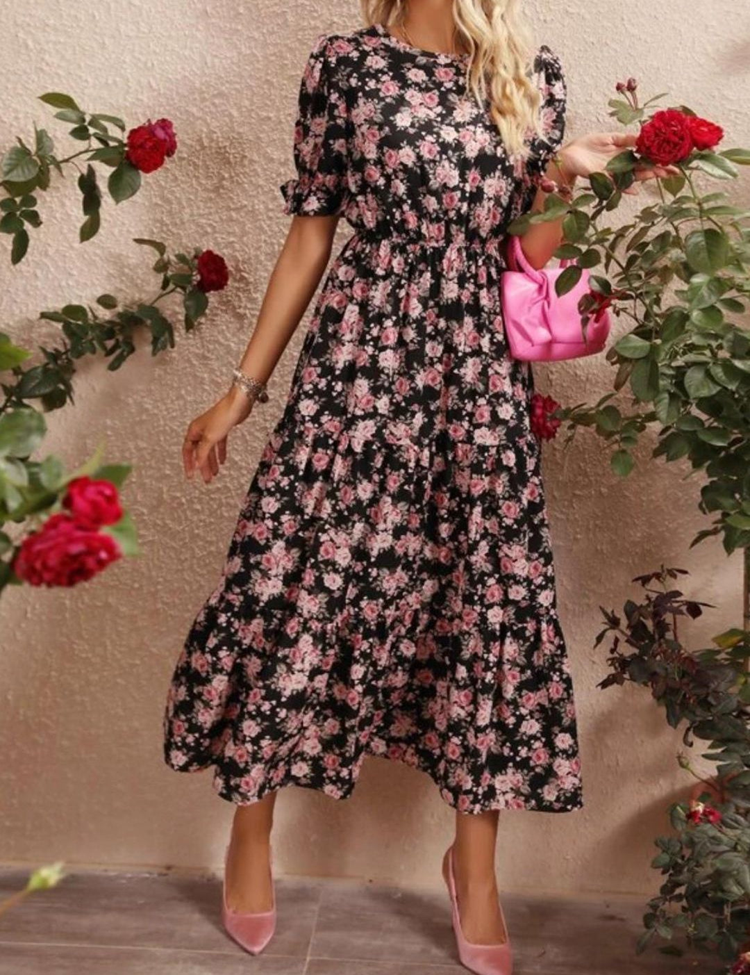 Kotty Black & Pink Floral Printed Puffed Sleeves Tiered Fit & Flare Midi Dress