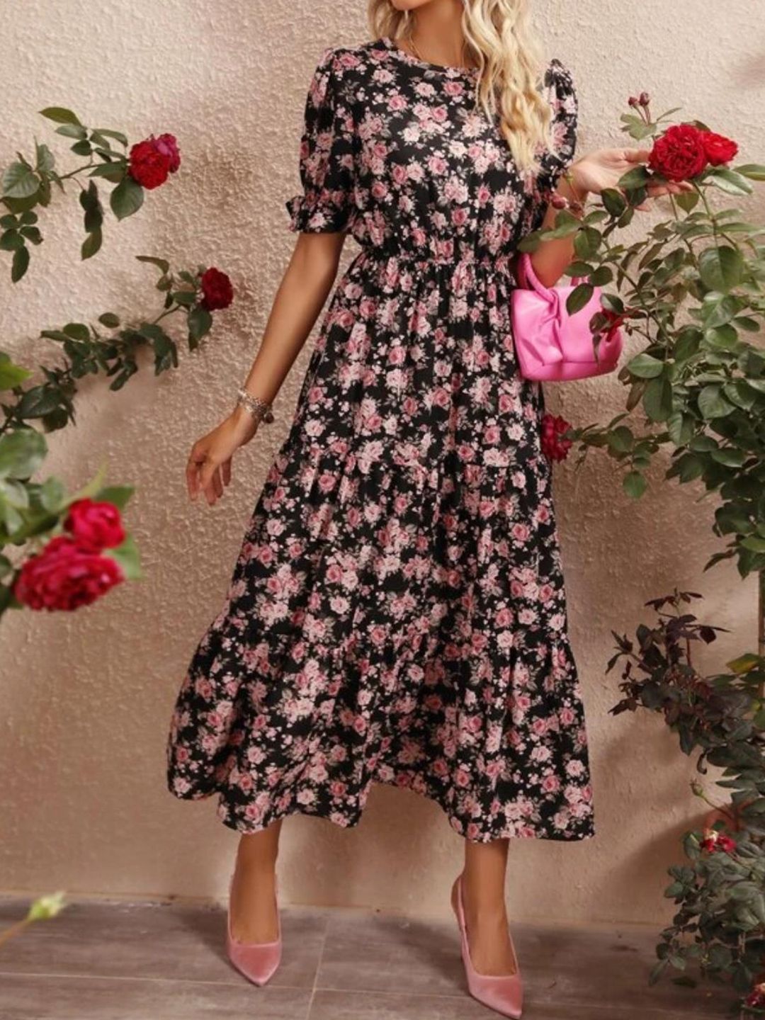 Kotty Black & Pink Floral Printed Puffed Sleeves Tiered Fit & Flare Midi Dress