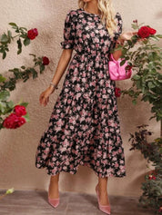 Kotty Black & Pink Floral Printed Puffed Sleeves Tiered Fit & Flare Midi Dress