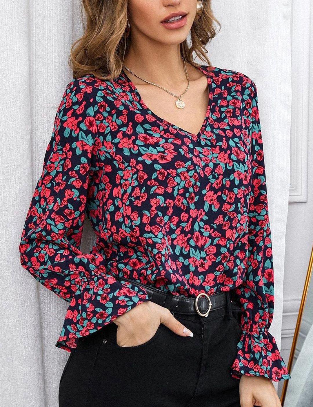 Kotty Navy Blue & Red Floral Print Bell Sleeve Satin Top