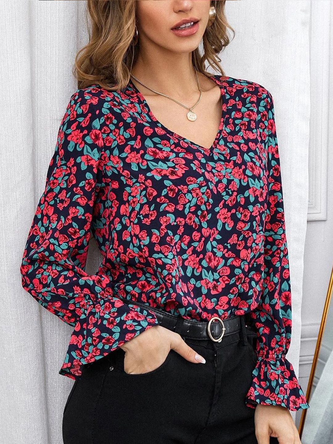 Kotty Navy Blue & Red Floral Print Bell Sleeve Satin Top