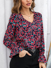 Kotty Navy Blue & Red Floral Print Bell Sleeve Satin Top