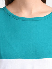Kotty Women Teal Blue & Coral Pink Colourblocked Round Neck T-shirt