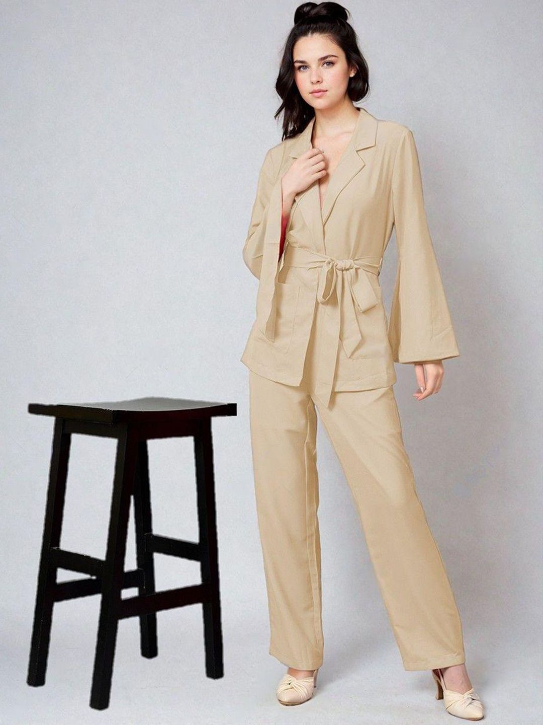 Kotty Beige Notch Lapel Collar Blazer With Trousers