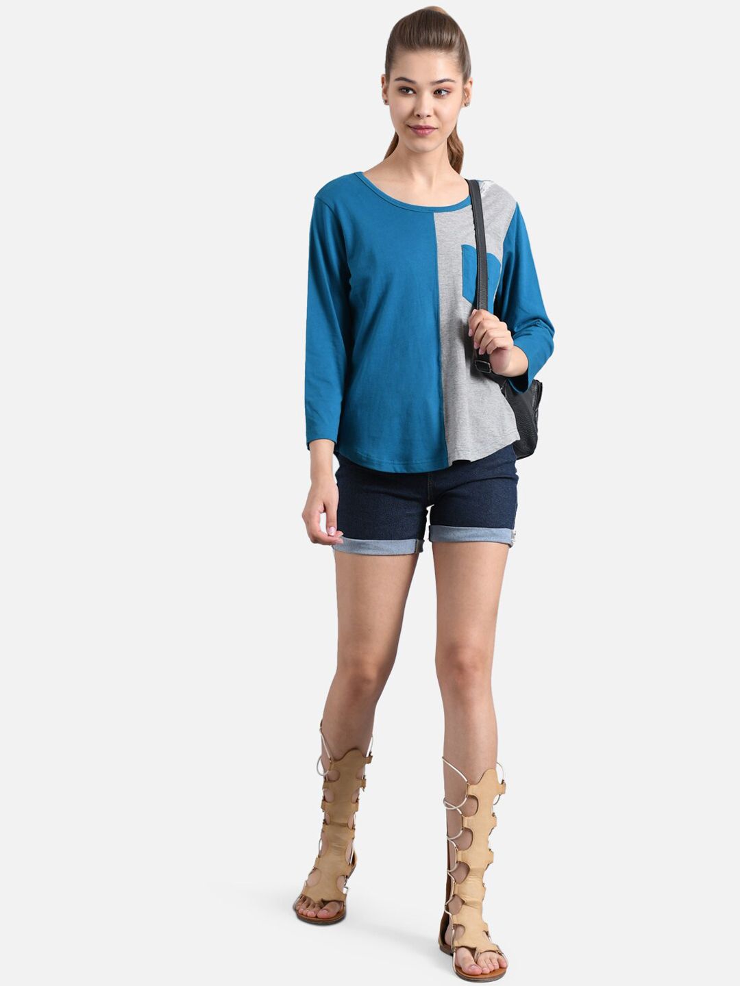 Kotty Women Blue Colourblocked Round Neck T-shirt