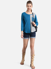 Kotty Women Blue Colourblocked Round Neck T-shirt