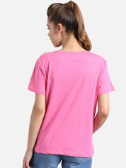 Kotty Women Pink & White Printed Round Neck T-shirt