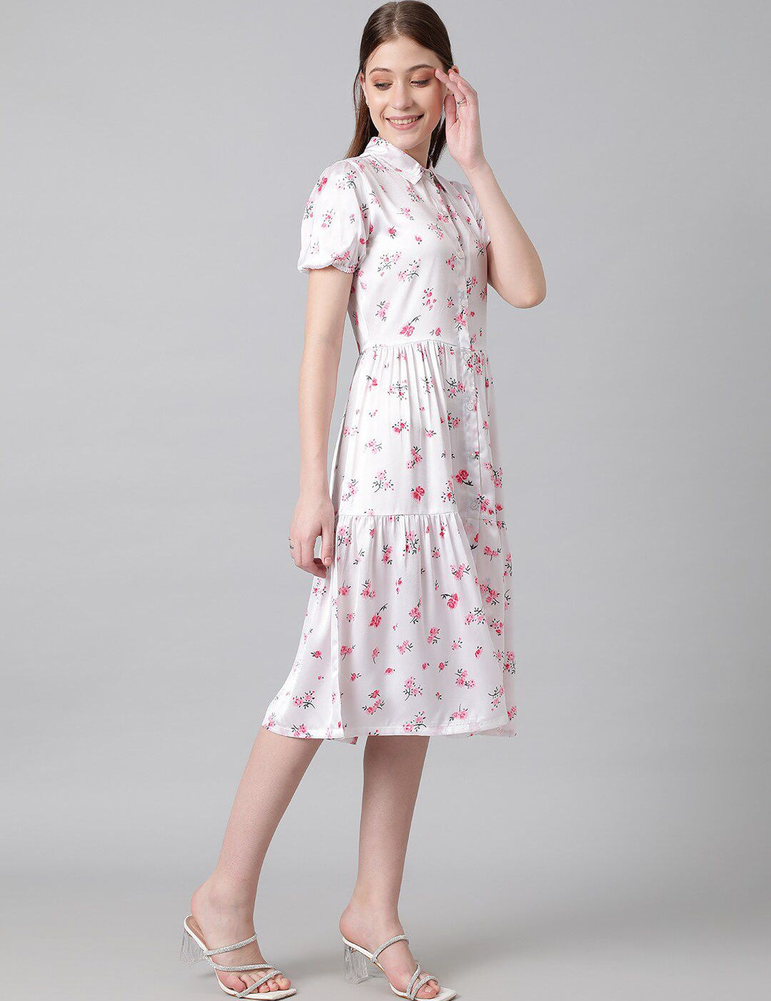 Kotty White & Pink Floral Printed Puffed Sleeves Tiered Satin Shirt Style Midi Dress
