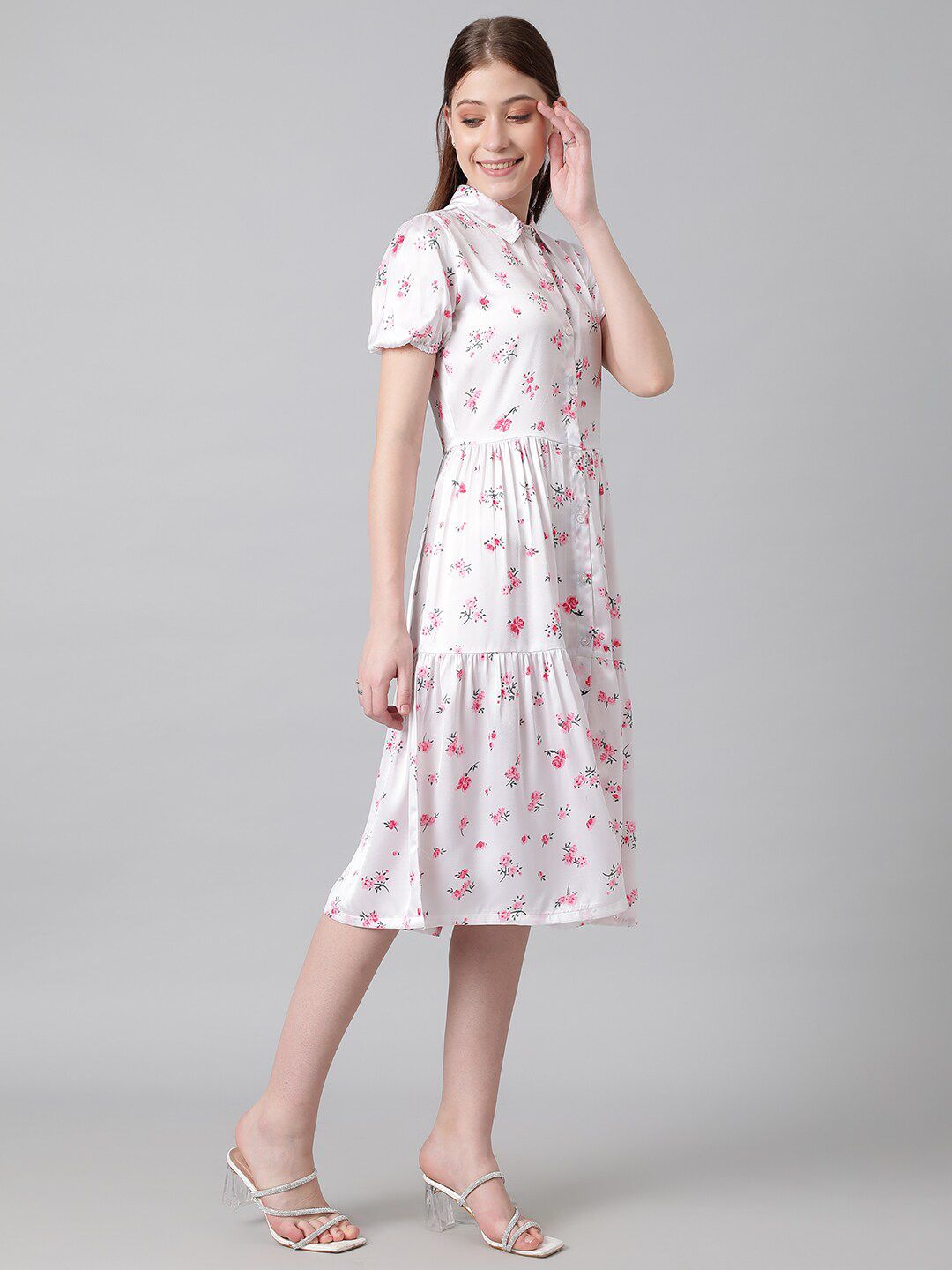 Kotty White & Pink Floral Printed Puffed Sleeves Tiered Satin Shirt Style Midi Dress