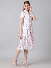 Kotty White & Pink Floral Printed Puffed Sleeves Tiered Satin Shirt Style Midi Dress
