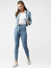 Kotty Women Blue Solid Crop Denim Jacket