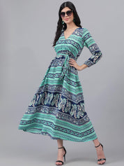 Kotty Blue & Green Ethnic Motifs Printed Wrap Maxi Dress