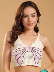 Kotty Women Self Design Crochet Shoulder Straps Cotton Crop Top