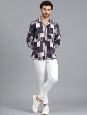 Kotty Navy Blue & White Polka Dot Printed Cutaway Collar Relaxed Fit Casual Shirt