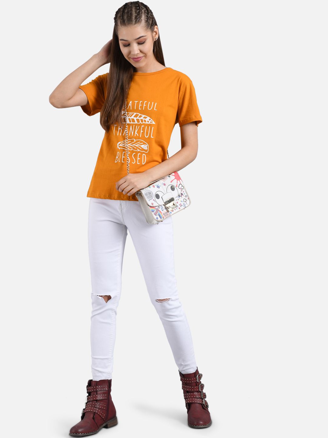 Kotty Women Orange Printed Round Neck T-shirt