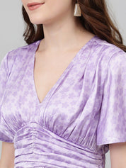 Kotty Lavendor Floral Printed V-Neck Satin Fit & Flare Dress