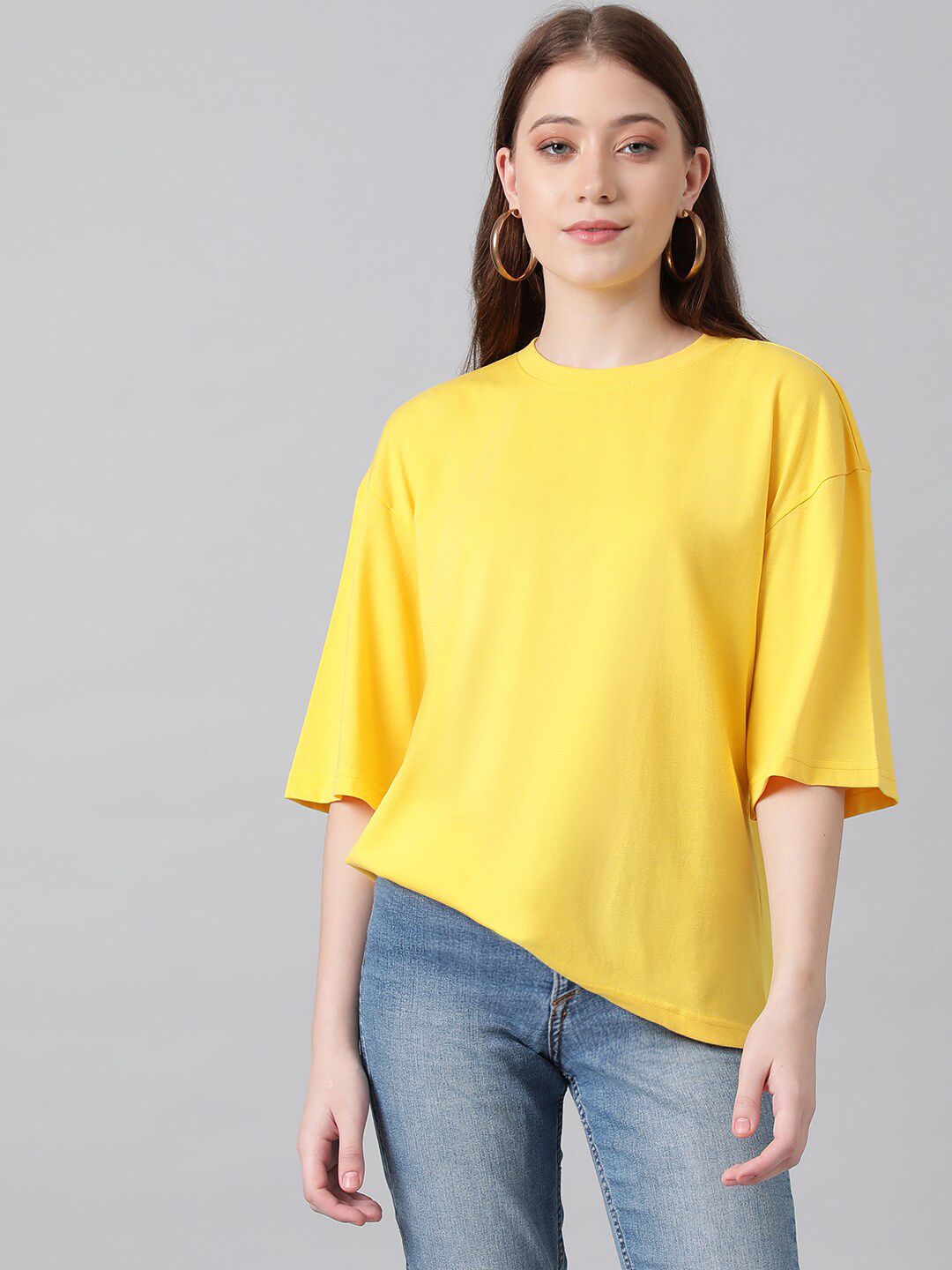 KOTTY Basics Yellow Round Neck Oversized T-shirt
