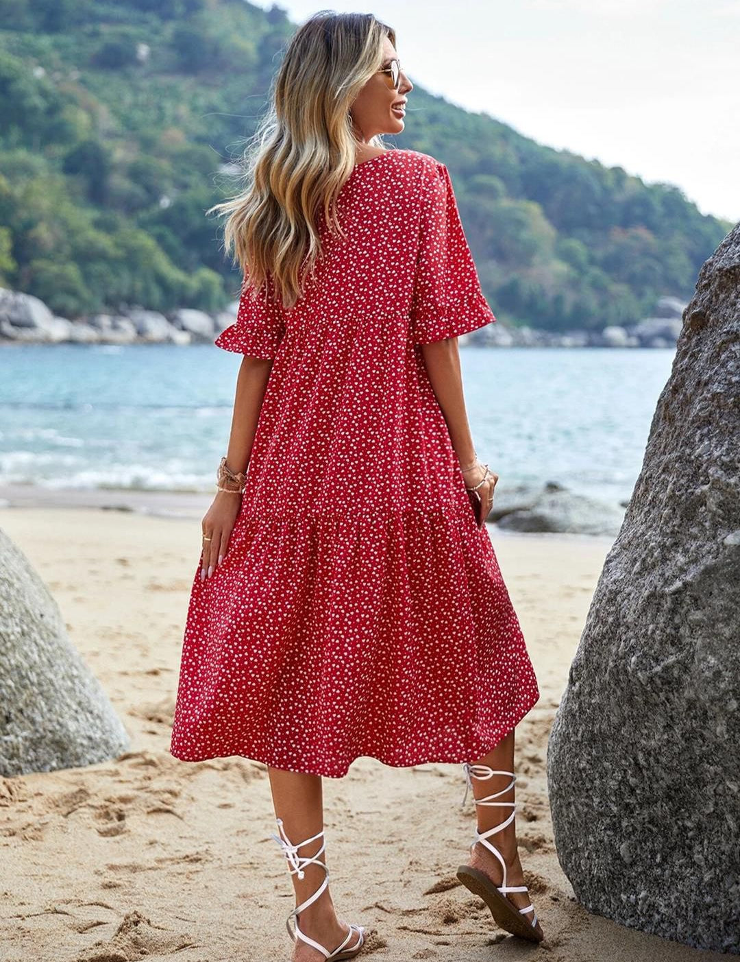 Kotty Red & White Abstract Printed Bell Sleeves A-Line Midi Dress