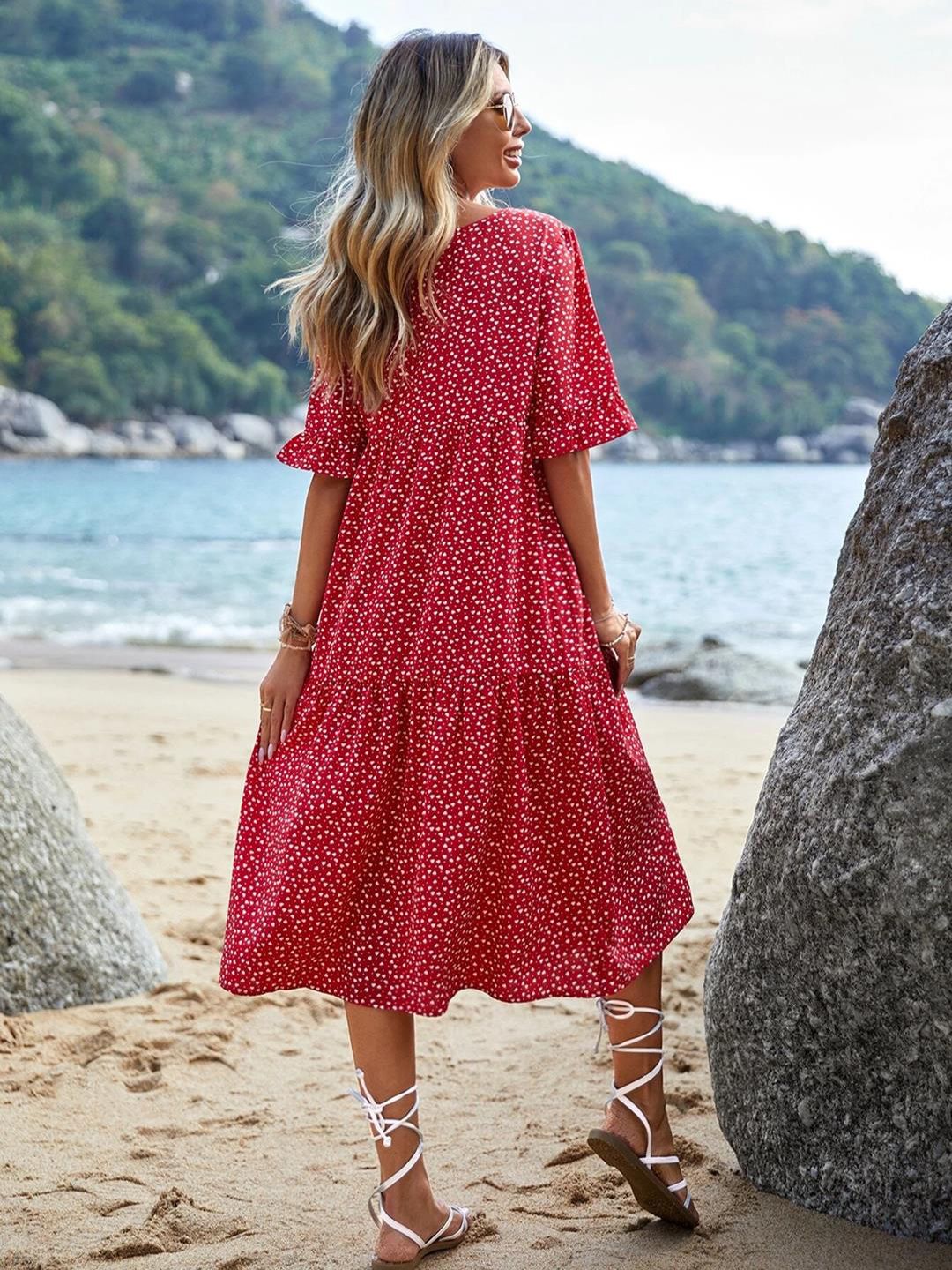 Kotty Red & White Abstract Printed Bell Sleeves A-Line Midi Dress