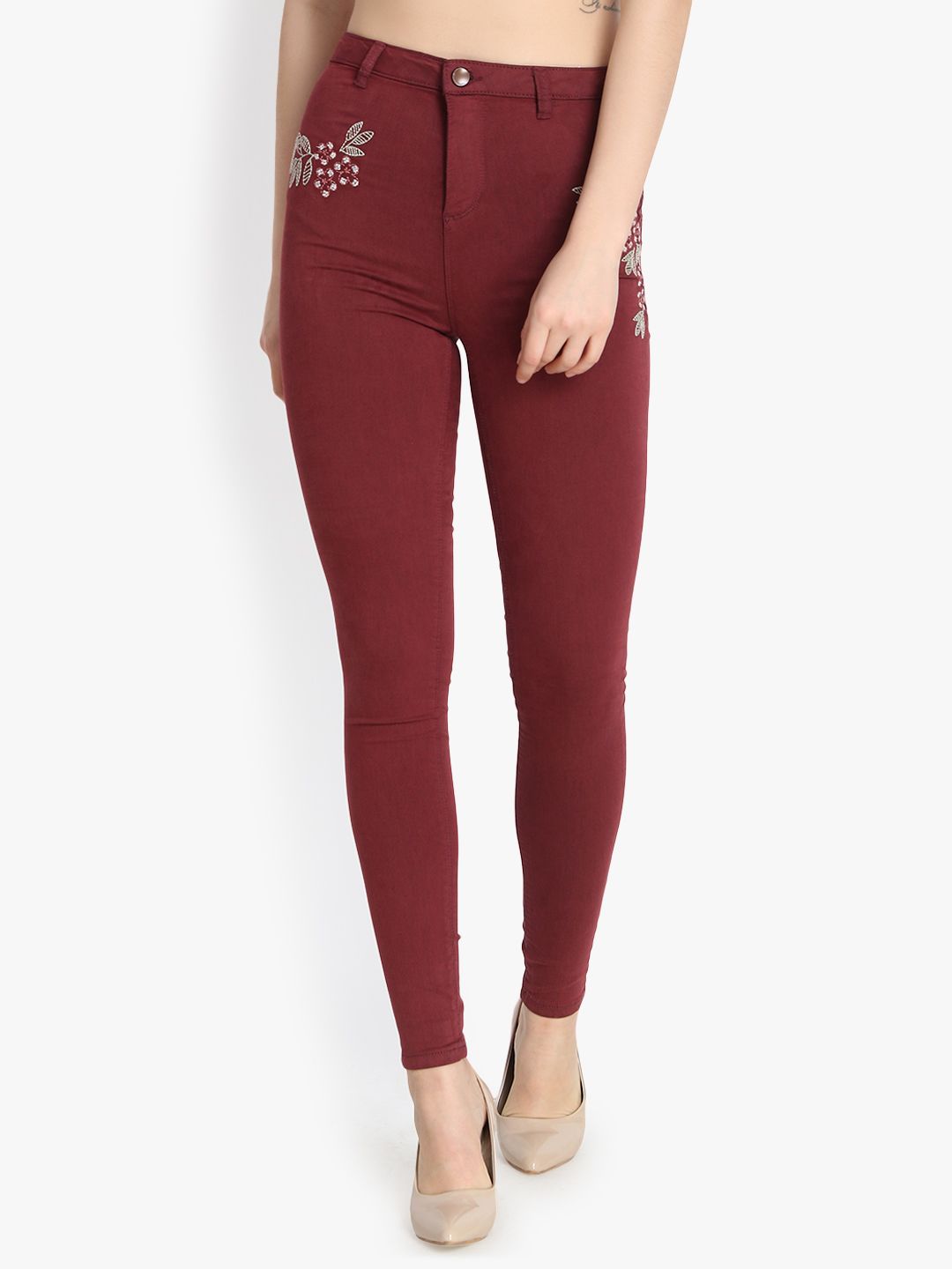 Kotty Women Maroon Skinny Fit High-Rise Clean Look Stretchable Jeans