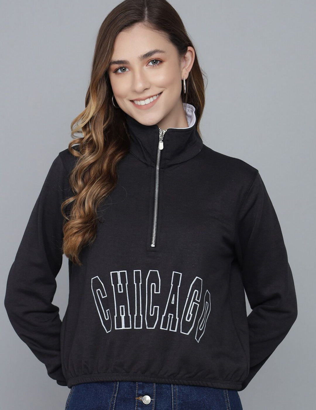 Kotty Women Black Printed Mock Collar Sweatshirt