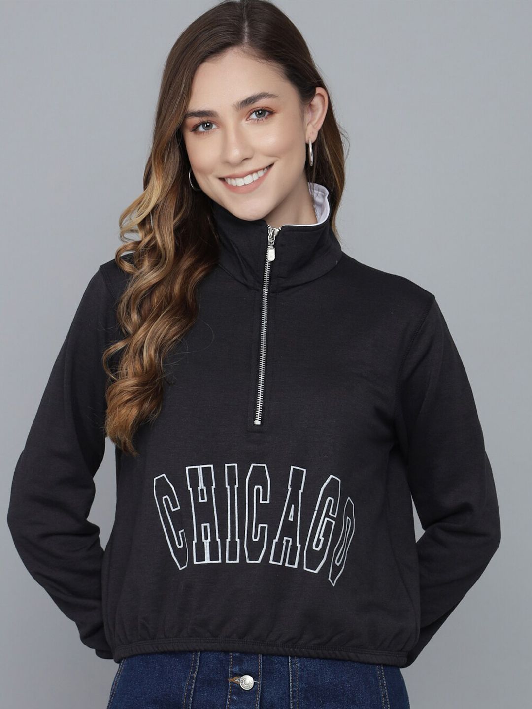 Kotty Women Black Printed Mock Collar Sweatshirt