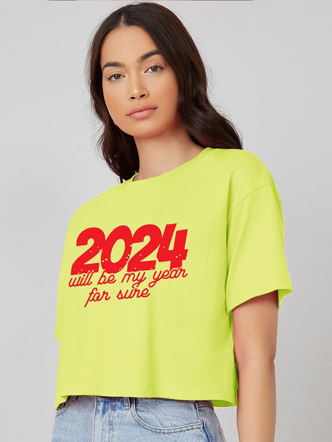 Kotty Typography Printed Round Neck Crop Oversized T-shirt