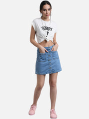 Kotty Women Blue Solid Denim Mini A-Line Skirt