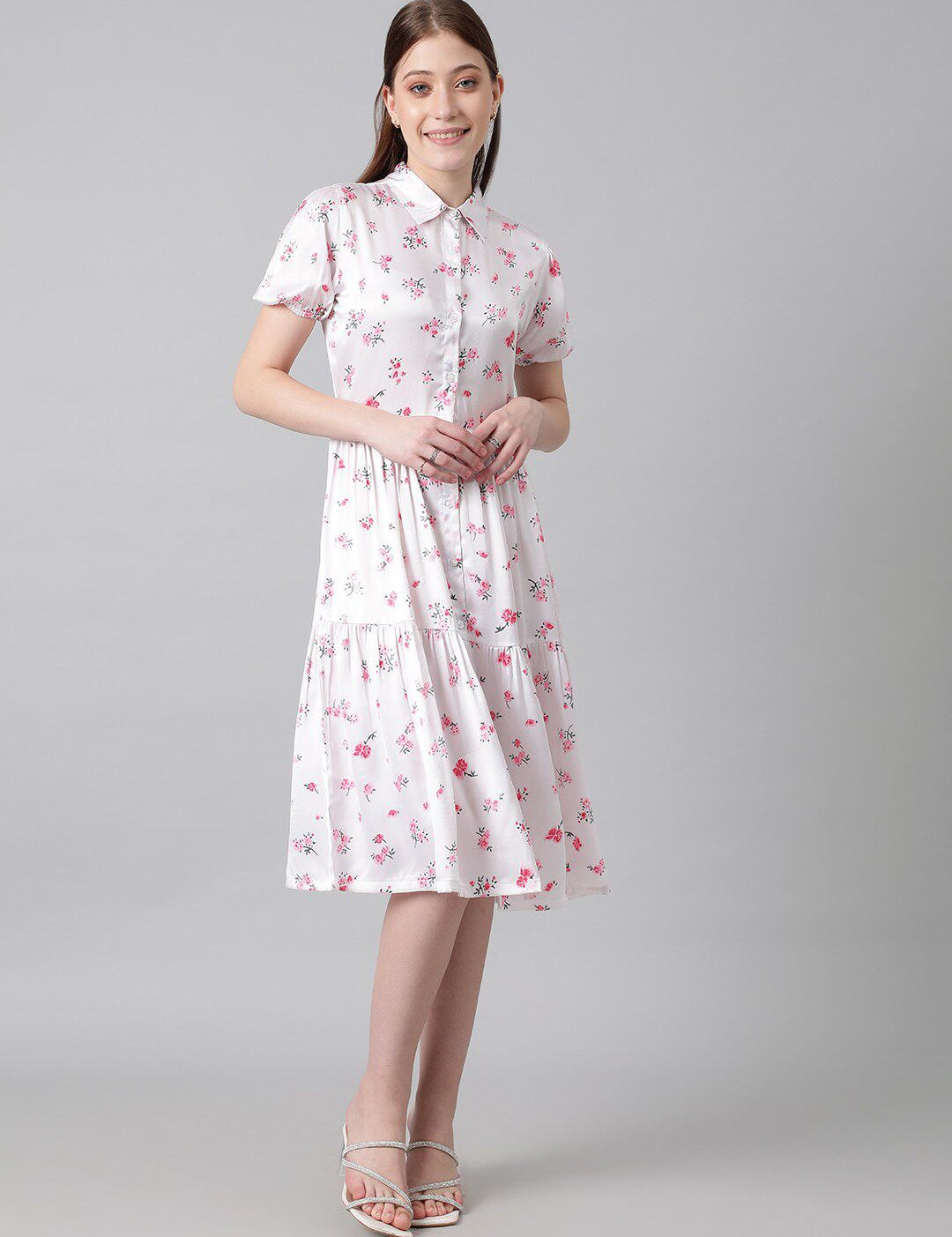 Kotty White & Pink Floral Printed Puffed Sleeves Tiered Satin Shirt Style Midi Dress