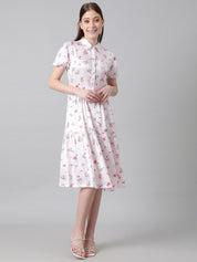 Kotty White & Pink Floral Printed Puffed Sleeves Tiered Satin Shirt Style Midi Dress