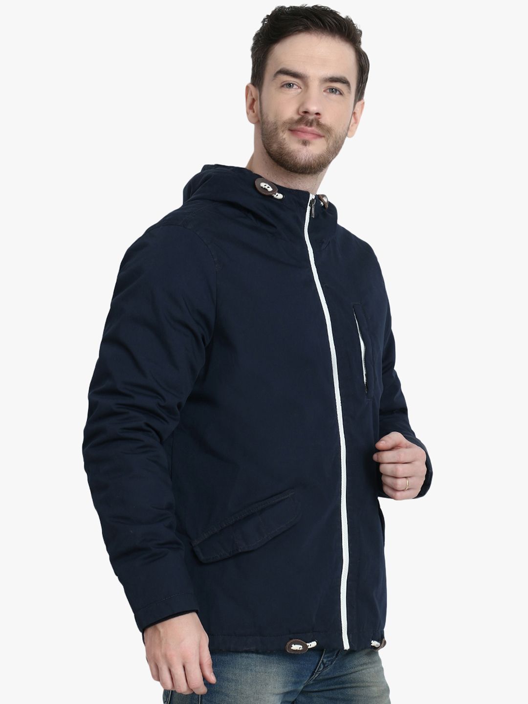 Kotty Men Navy Blue Solid Padded Hooded Jacket