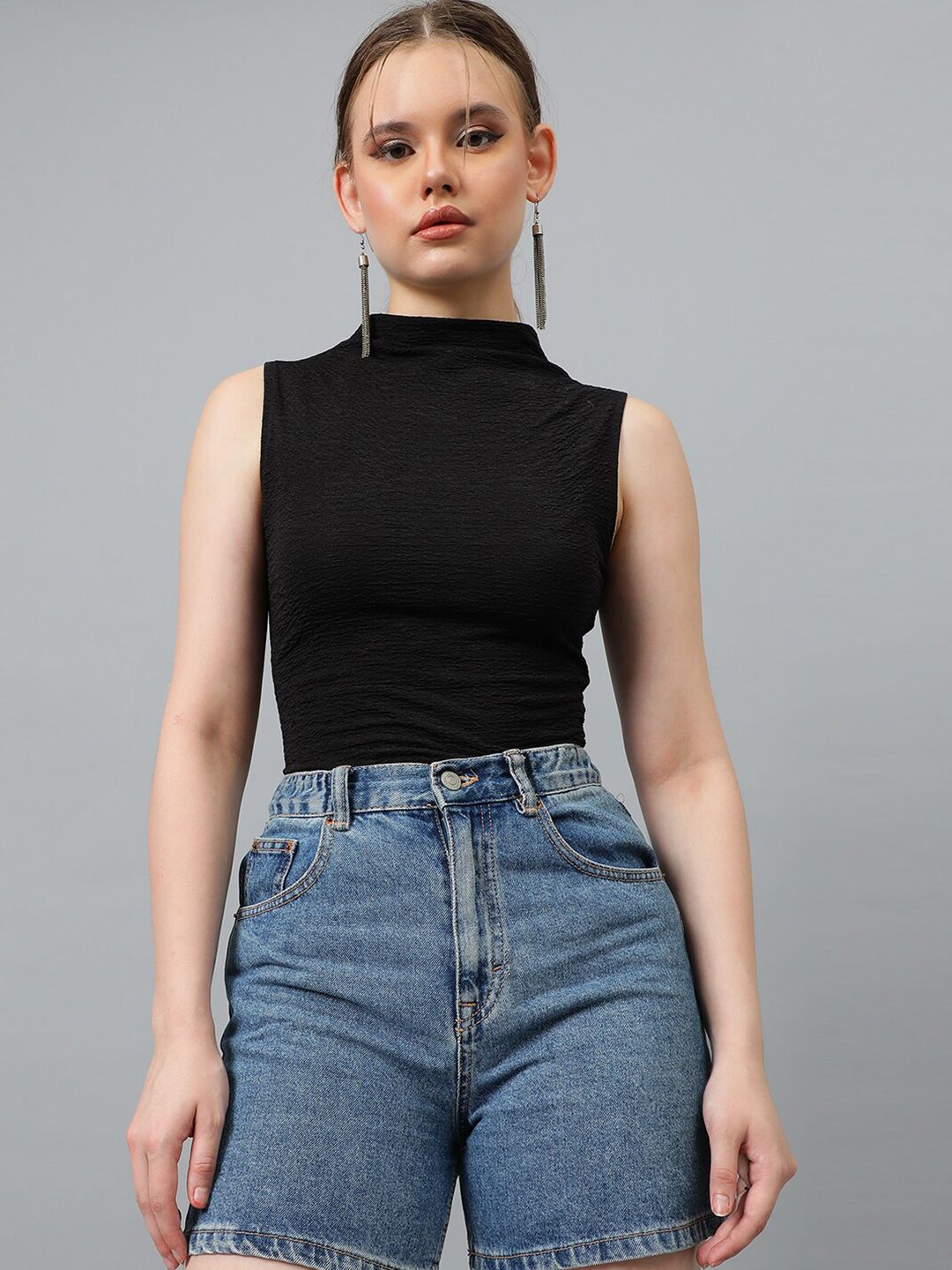 Kotty Black High Neck Sleeveless Fitted Top