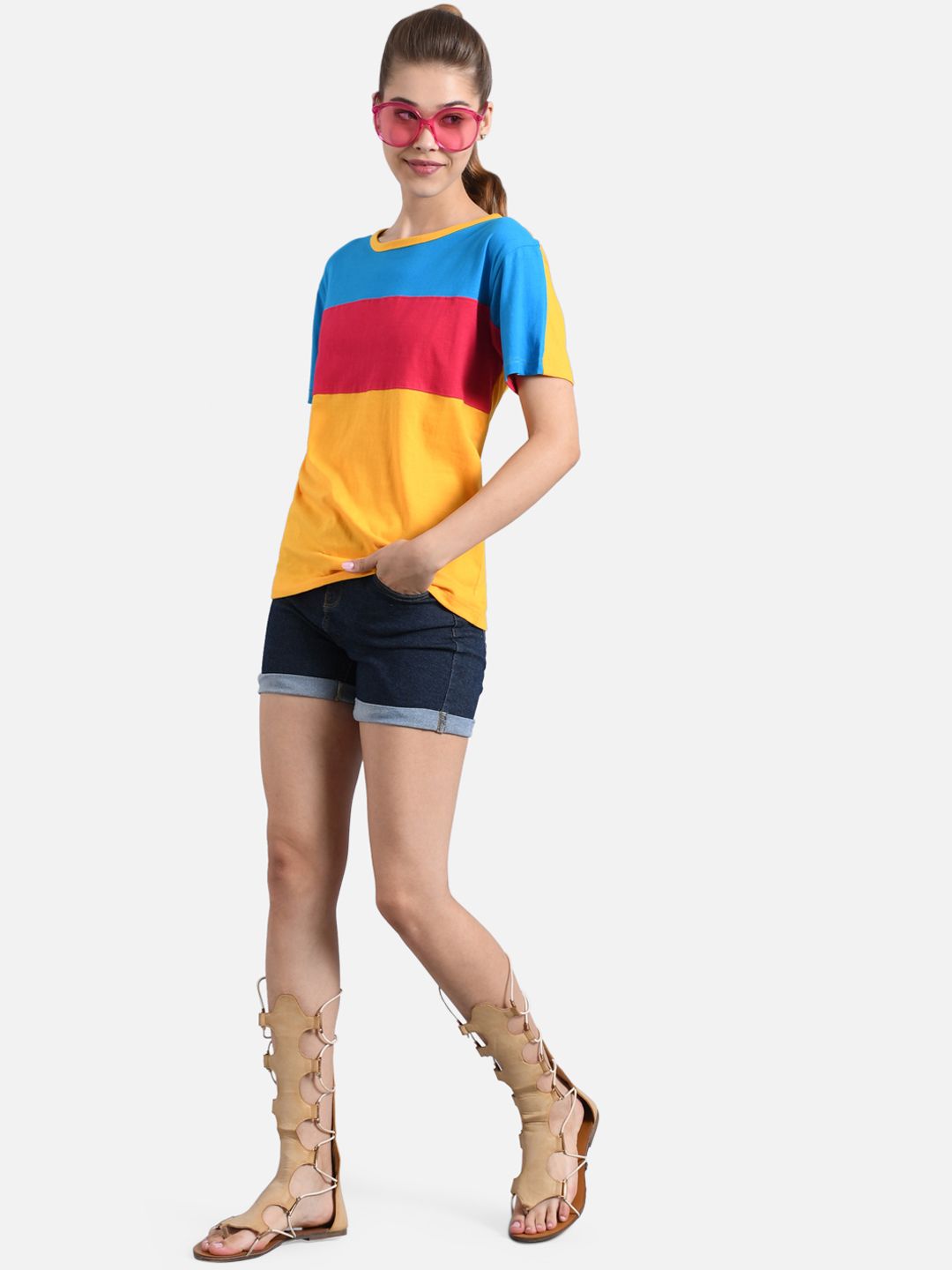Kotty Women Yellow & Red Colourblocked Boat Neck T-shirt
