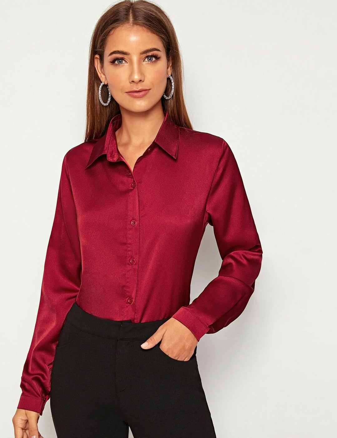 KOTTY BIZwear Maroon Modern Spread Collar Satin Casual Shirt