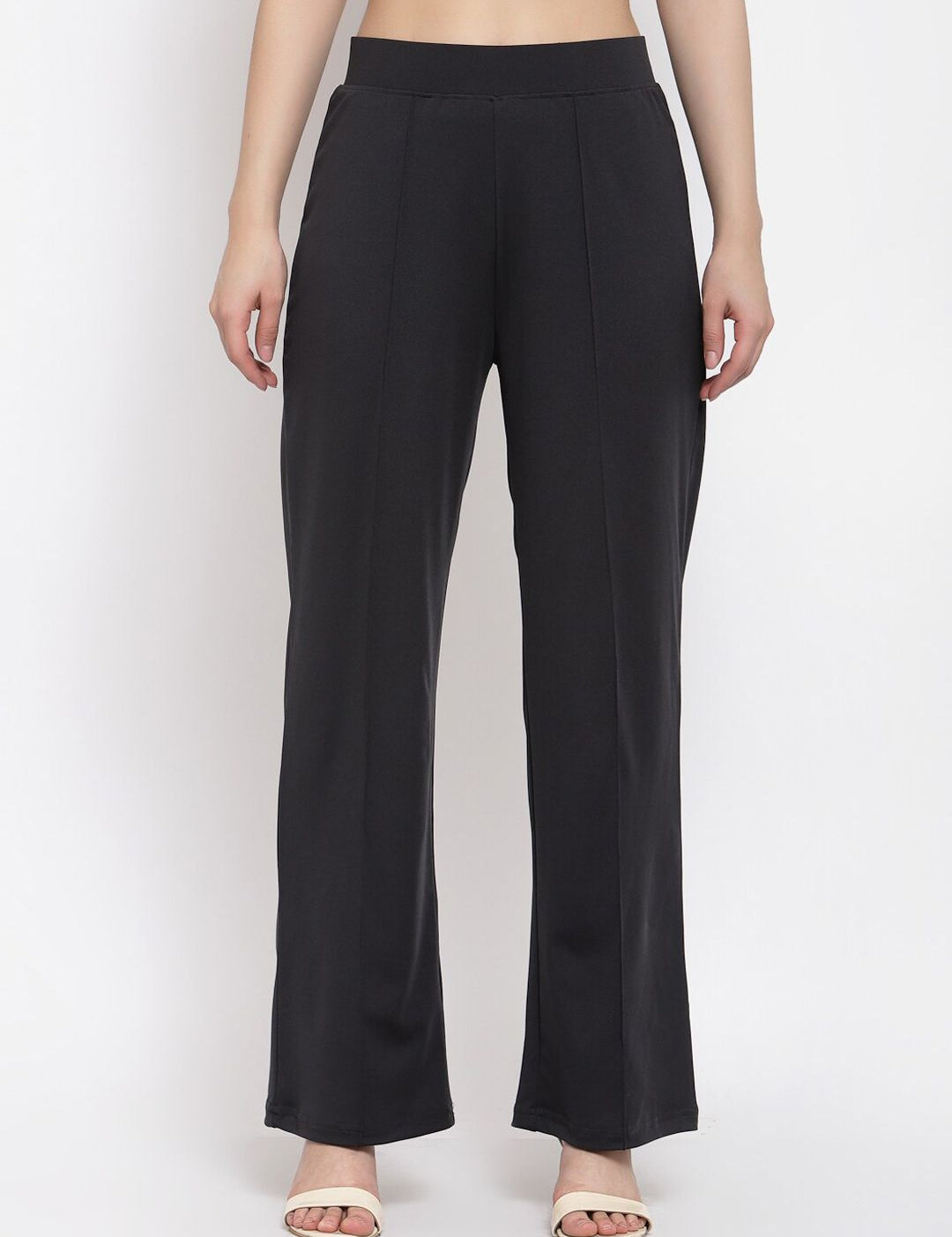 Kotty Women Black Flared High-Rise Pleated Parallel Trousers