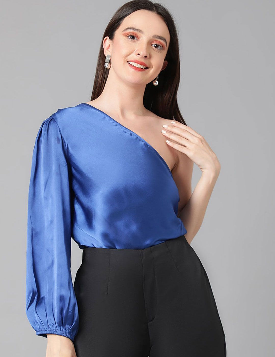 Kotty One Shoulder Puff Sleeve Satin Top