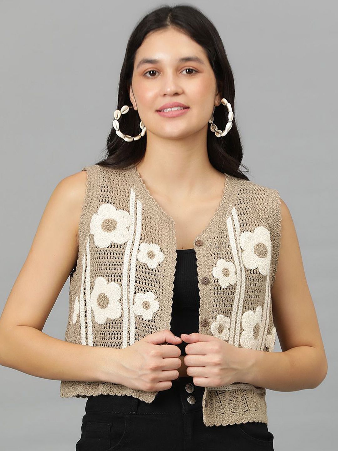 Kotty Floral Self Design Crochet V-Neck Crop Top