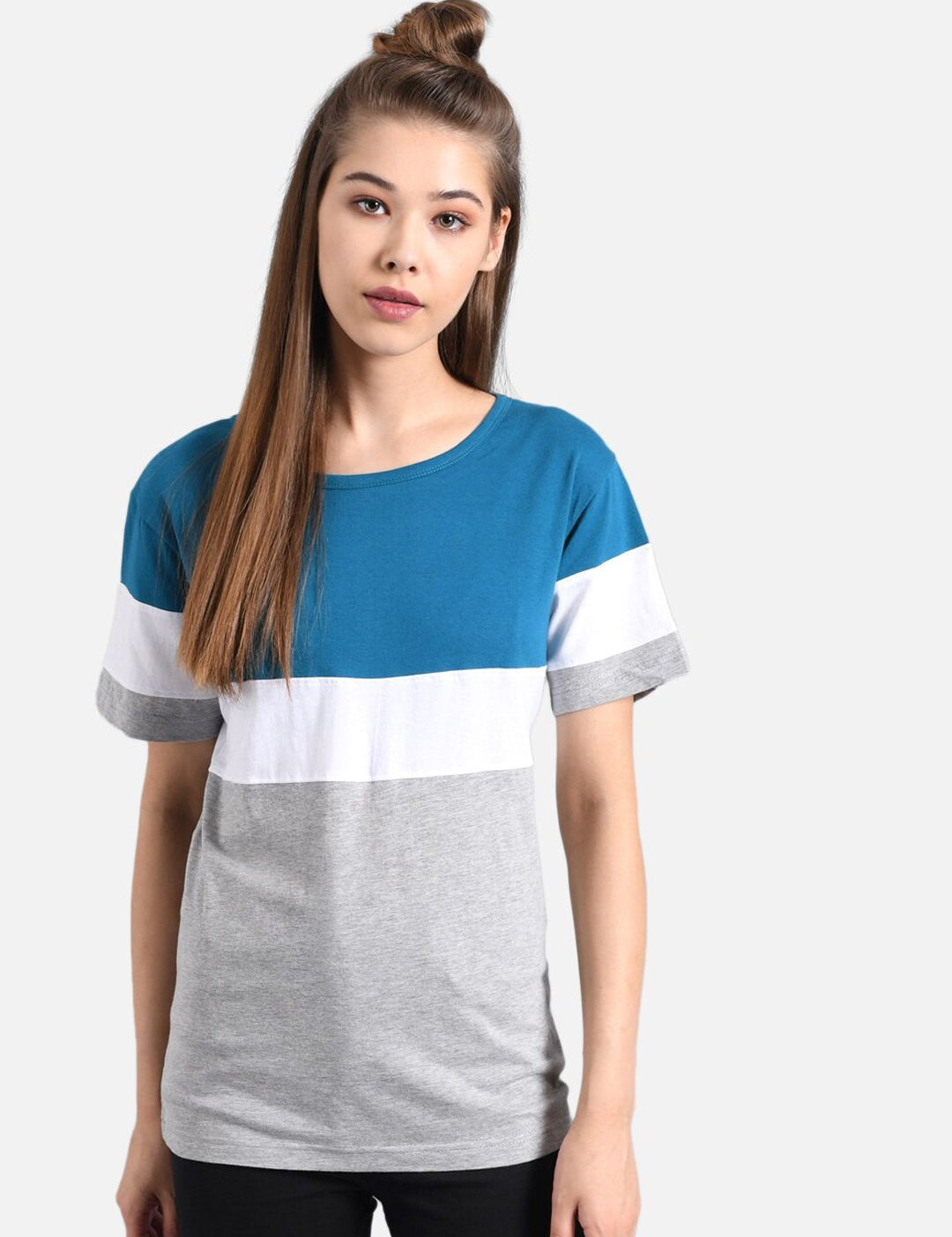 Kotty Women Blue & Grey Colourblocked Round Neck T-shirt