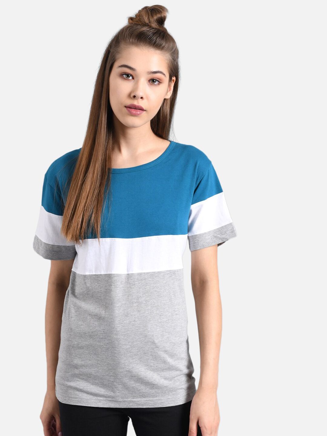 Kotty Women Blue & Grey Colourblocked Round Neck T-shirt