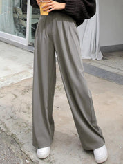 Kotty Women Grey Relaxed Straight Leg High-Rise Pleated Trousers